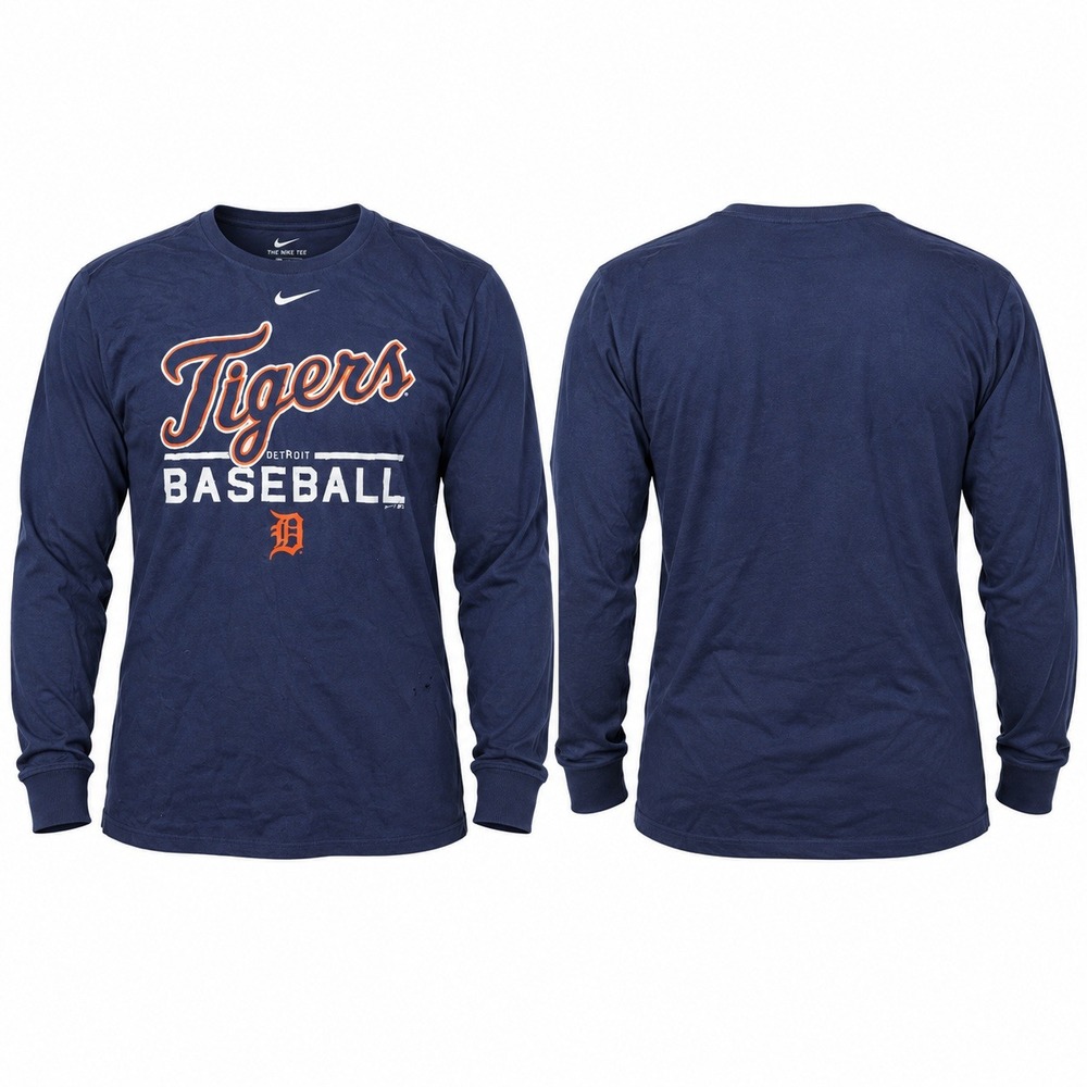 Nike Detroit Tigers Baseball Long Sleeve Shirt Mens Large Navy Blue Athletic Cut